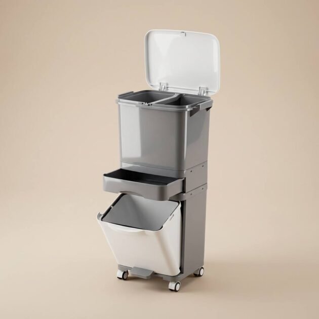 سلة المهملات الذكية تصميم 3 في 1 - رمادي بالأبيض